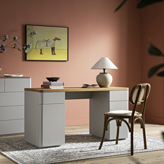 Agnes Curved Edge Desk with Storage, Dove Grey with Oak Top