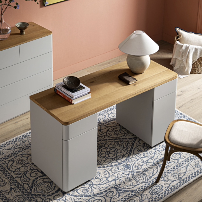 Agnes Curved Edge Desk with Storage, Dove Grey with Oak Top - Image 3