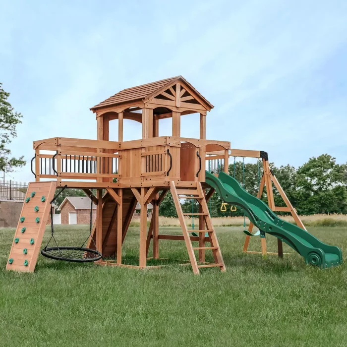 Wooden Swing Set & Playcentre with Clubhouse, Slide & Rock Wall