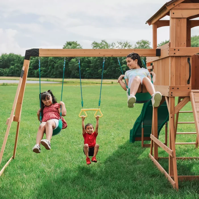 Wooden Swing Set & Playcentre with Clubhouse, Slide & Rock Wall - Image 4
