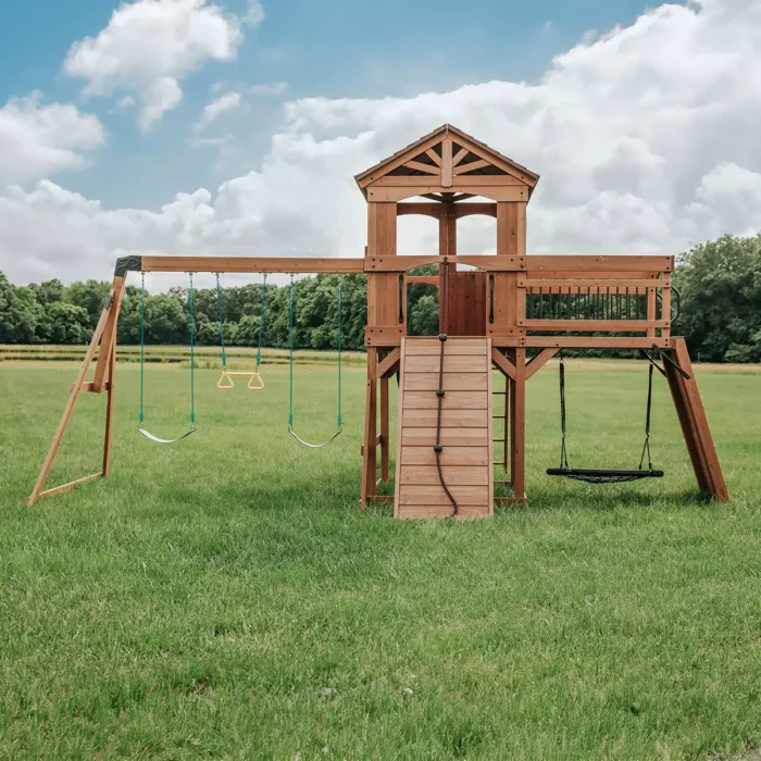 Wooden Swing Set & Playcentre with Clubhouse, Slide & Rock Wall - Image 3