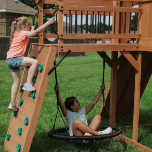 Wooden Swing Set & Playcentre with Clubhouse, Slide & Rock Wall - Image 5